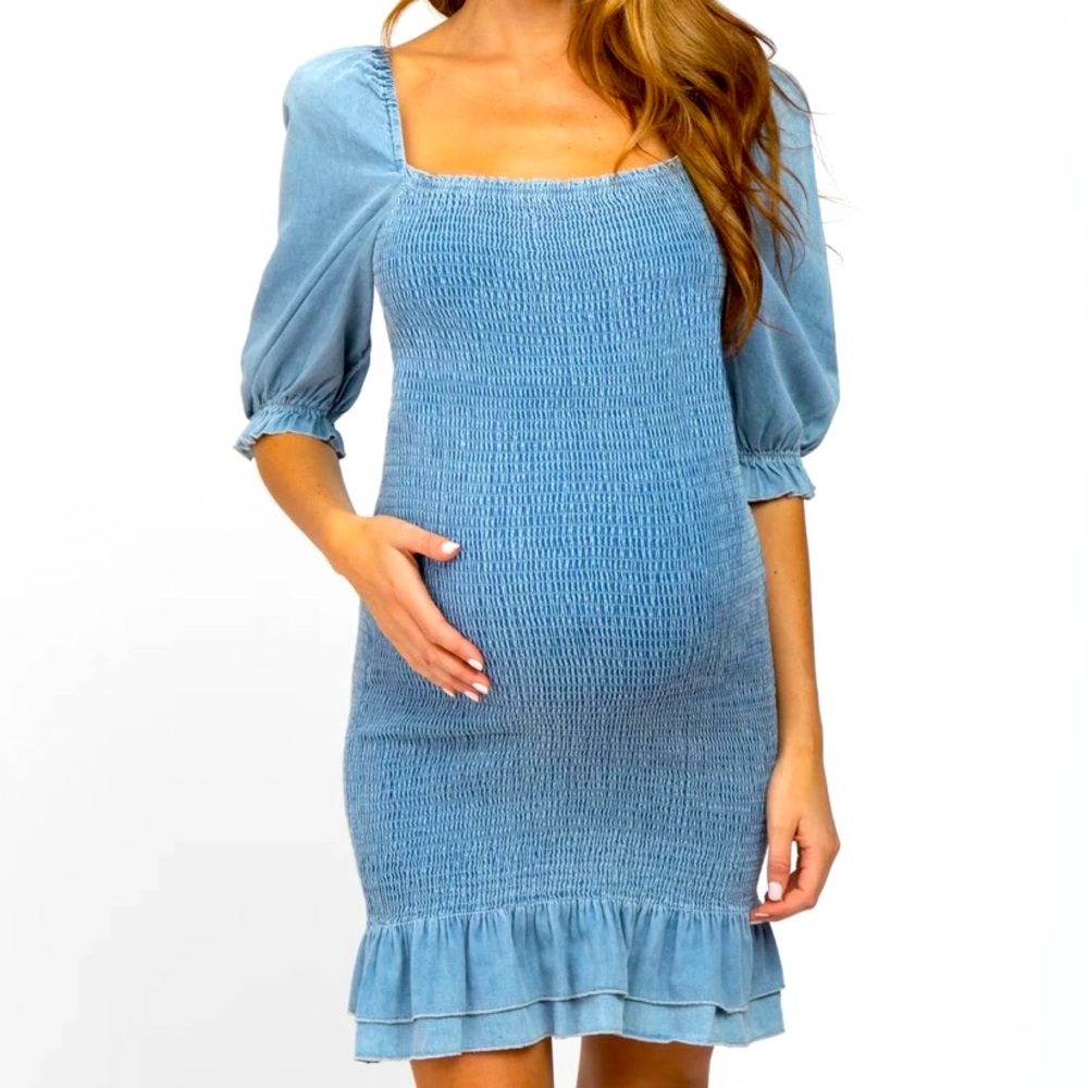 Smocked Denim Maternity Dress